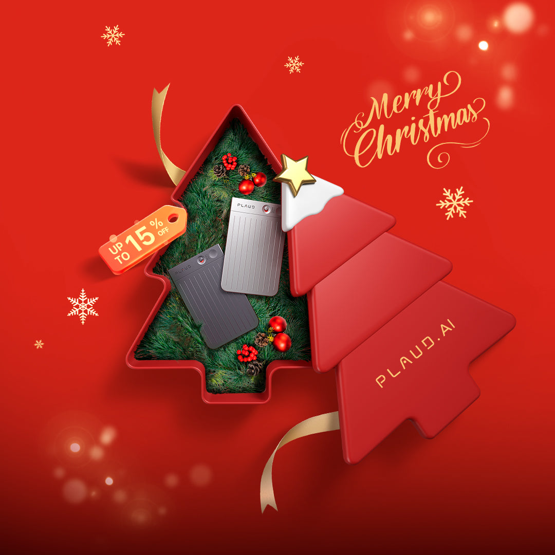A silver and a black Plaud Note sit inside a red Christmas tree-shaped gift box with a 15% off tag and Merry Christmas text.