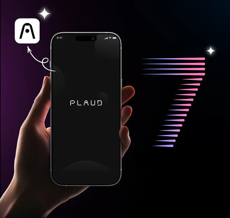 A hand holds a smartphone displaying the Plaud logo, with an app icon and a large pink and purple stylized number seven.