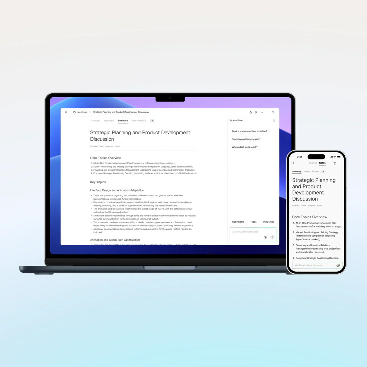 The Plaud App displays a structured meeting summary with key topics and an AI assistant on both a laptop and a smartphone screen.