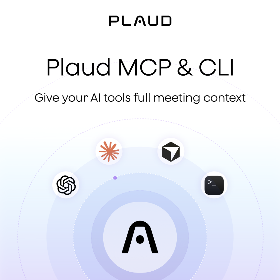 The Plaud MCP and CLI graphic shows the Plaud logo connecting to AI tools like OpenAI and Anthropic to provide meeting context.