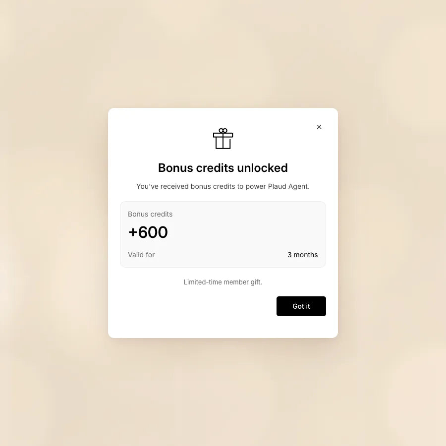 A notification window confirms 600 bonus credits have been unlocked for Plaud Agent, valid for three months.