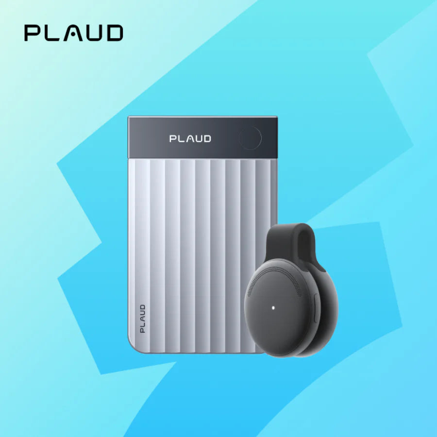A silver Plaud Note Pro AI voice recorder stands next to a black circular wearable recorder against a blue background.