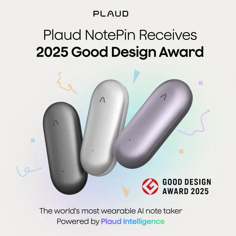 Three Plaud NotePin wearable AI recorders in black, silver, and purple celebrate receiving the 2025 Good Design Award.