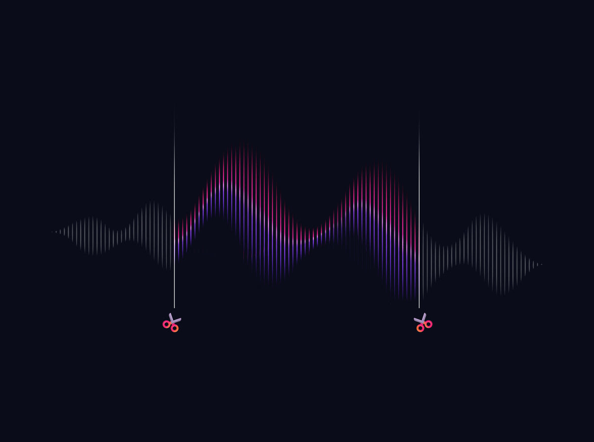 A digital audio waveform on a dark background with a central section highlighted in purple and pink, marked by scissor icons to show audio trimming.