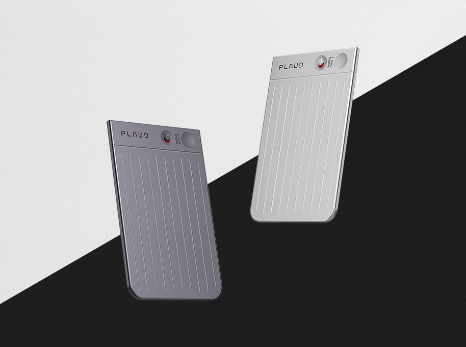 A starlight and a silver Plaud Note AI voice recorder are positioned diagonally against a split black and white background.