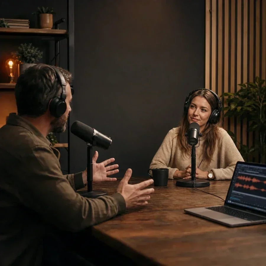 Two hosts recording a podcast with an AI note taker nearby