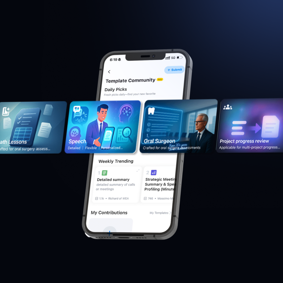 A smartphone displays the Plaud App Template Community with floating cards for Speech, Oral Surgeon, and Project progress review.