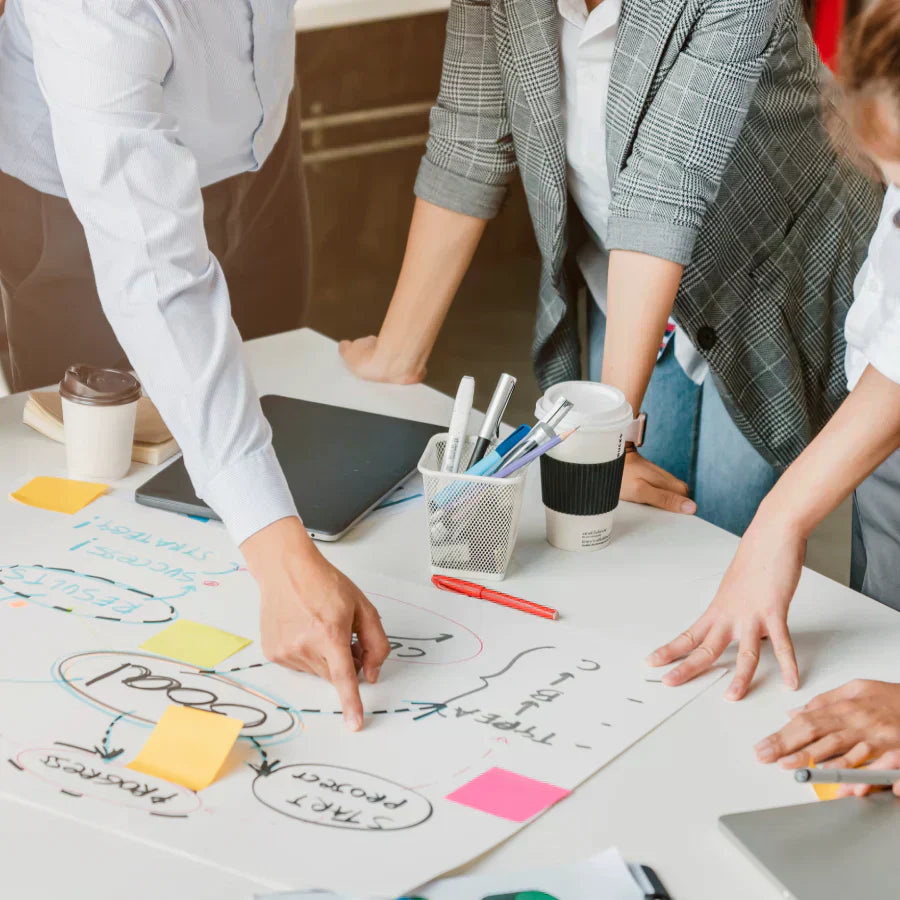 Professionals collaborate around a table, pointing at a hand-drawn project workflow diagram featuring goals and strategies.
