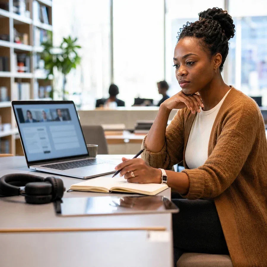Woman taking handwritten notes during a video call