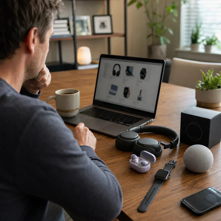 Man with laptop, headphones, and smart devices on table