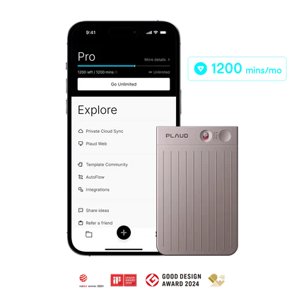 A starlight Plaud Note sits next to a smartphone displaying the Plaud App's Pro Plan interface with 1200 minutes per month.