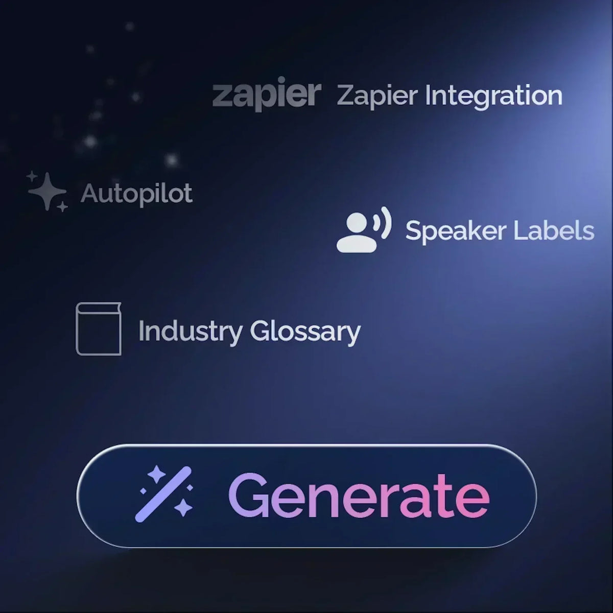 Features including Zapier Integration, Autopilot, Speaker Labels, and Industry Glossary are shown above a Generate button.