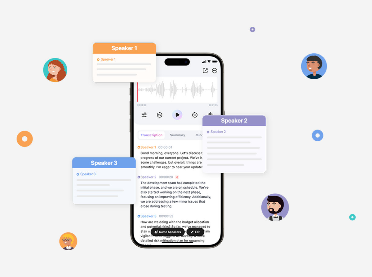The Plaud App on a smartphone displays a meeting transcription with an audio waveform and color-coded speaker labels.