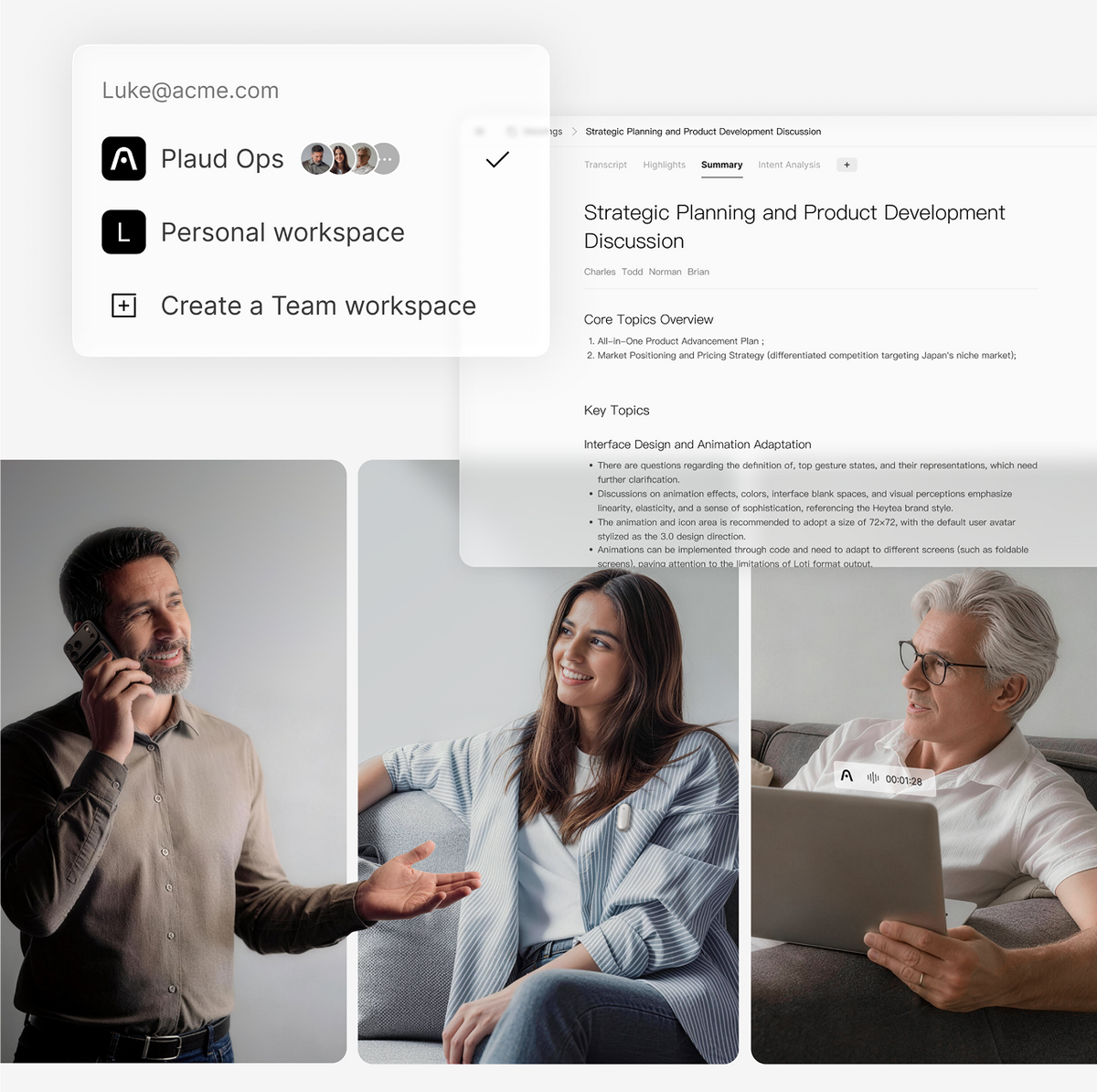 The Plaud App interface displays team workspace options and meeting summaries alongside professionals using Plaud AI recorders.