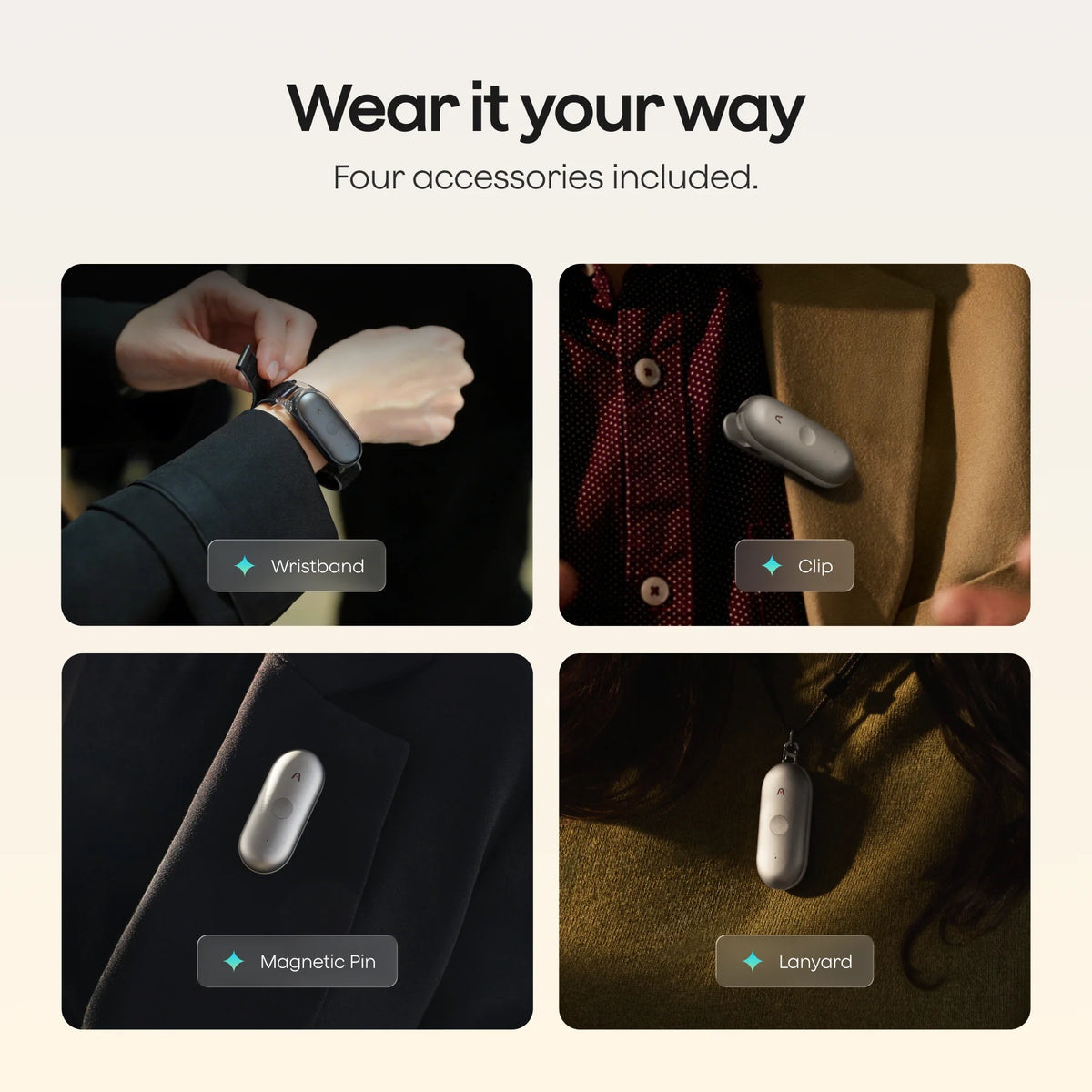 Four panels show the Plaud NotePin S worn four ways: on a wristband, clipped to a lapel, as a magnetic pin, and on a lanyard.