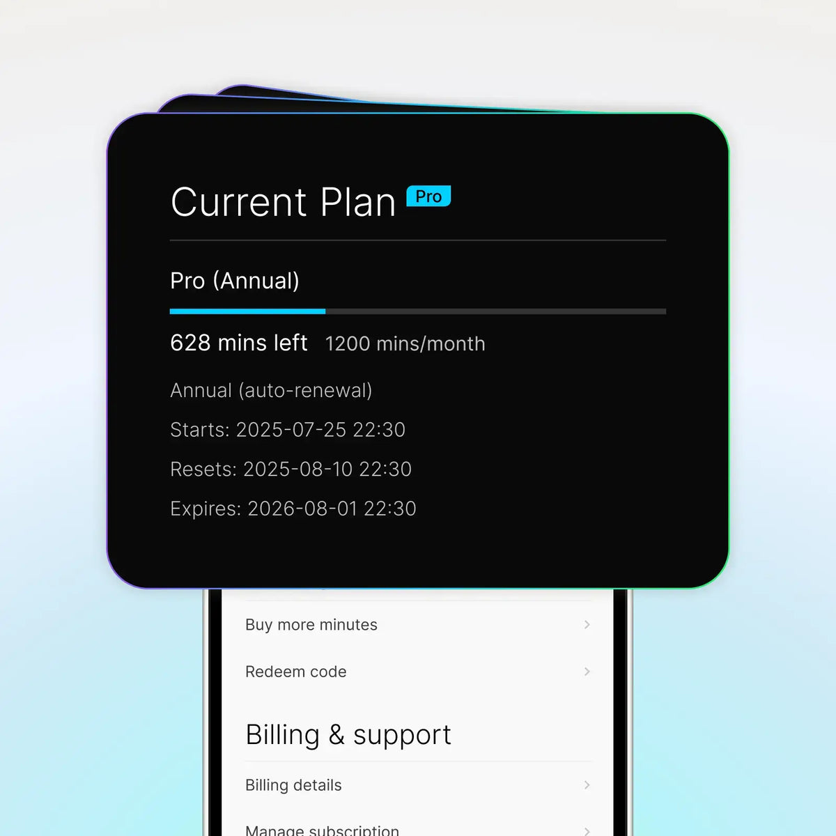 Upgrade to pro: 1200 minutes of transcription & summarization free monthly