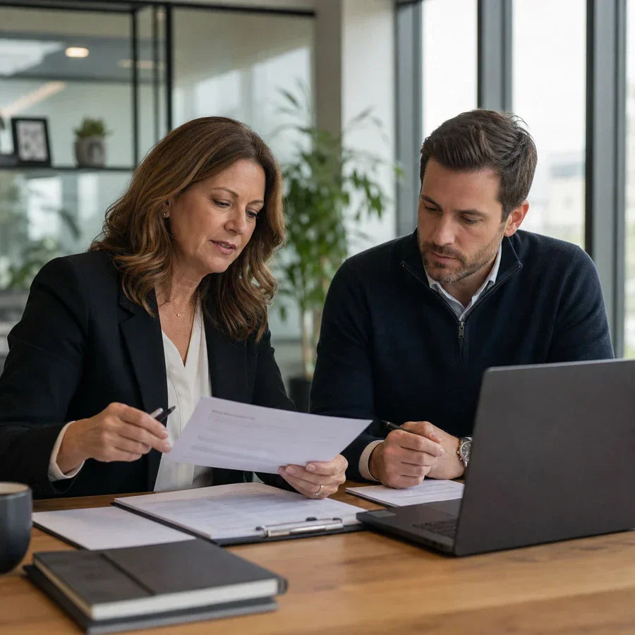 A hiring team reviews structured interview notes and candidate scorecards after an interview.