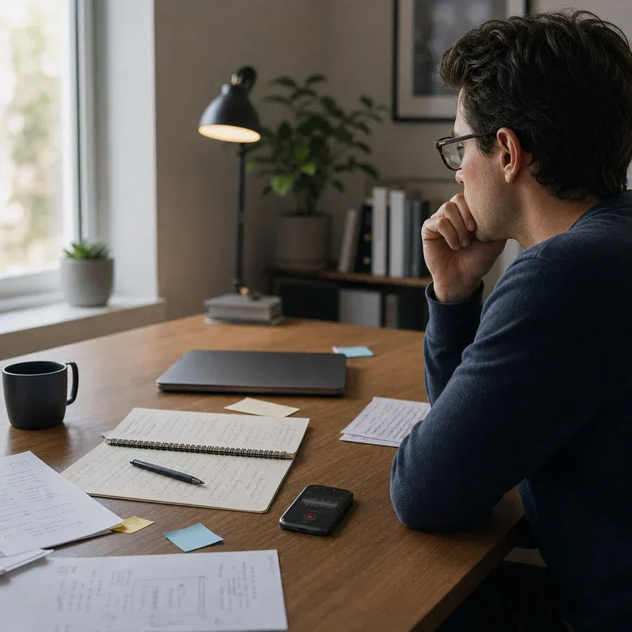 A professional reviewing scattered notes and a phone on a desk, representing a second brain system that needs better capture.