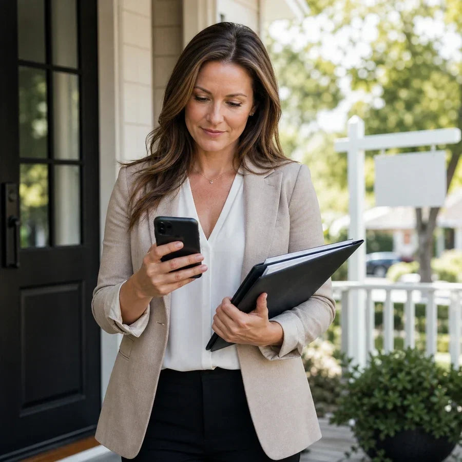 Real estate agent outside a house checking her phone while holding a folder