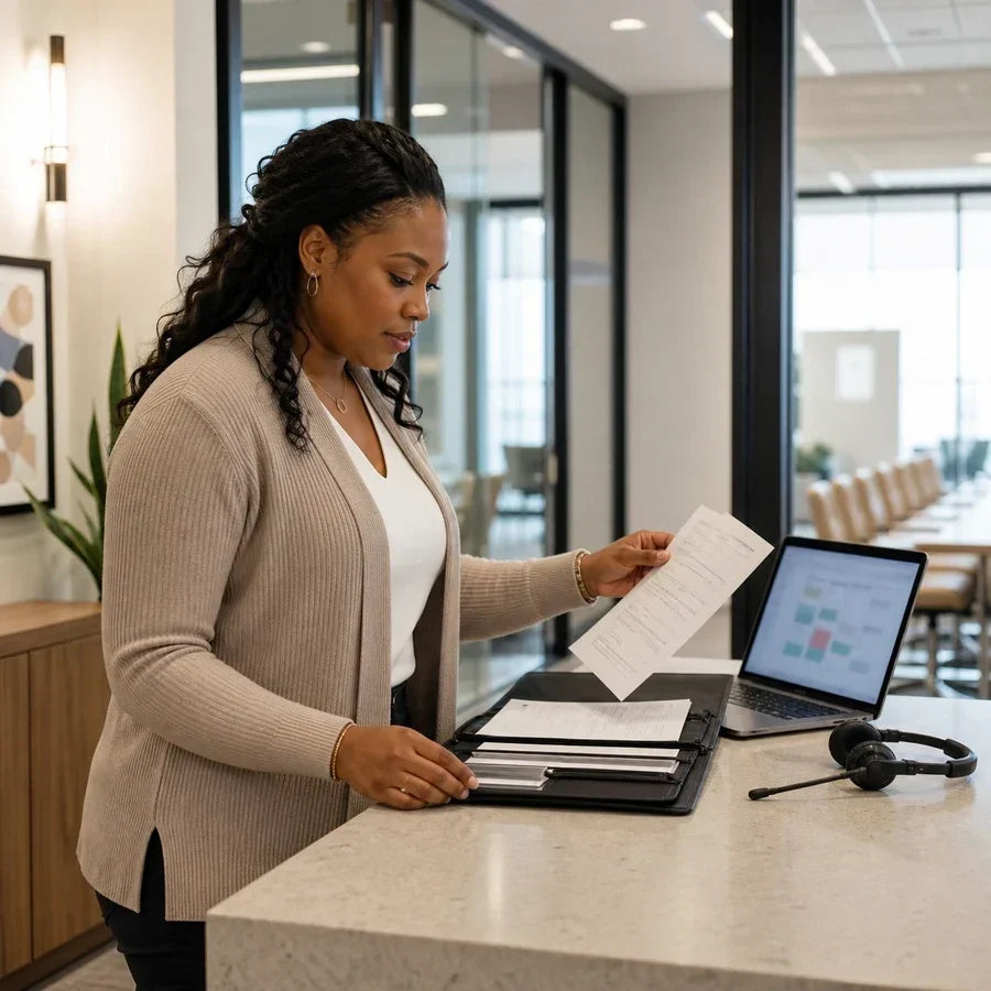 Administrative assistant standing at a counter with a laptop and headset