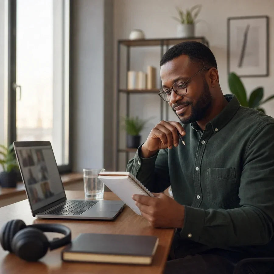 Man reviewing notes at a desk with a laptop, notebook, and headphones