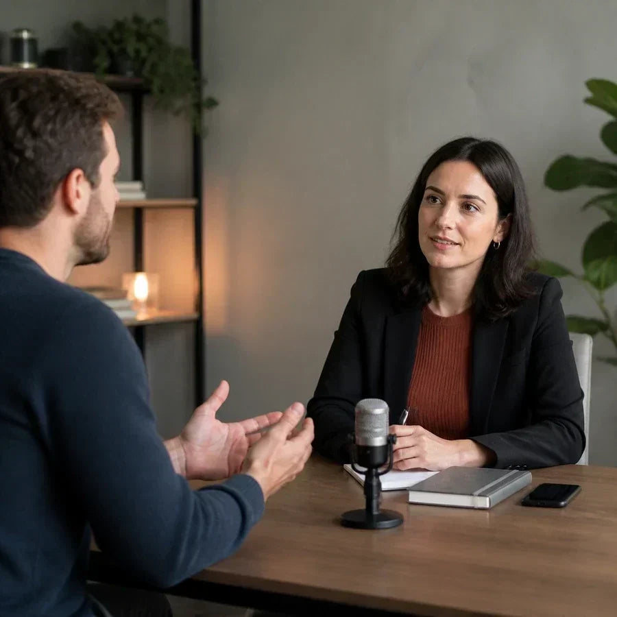 Two people in an interview, one using an AI note taker