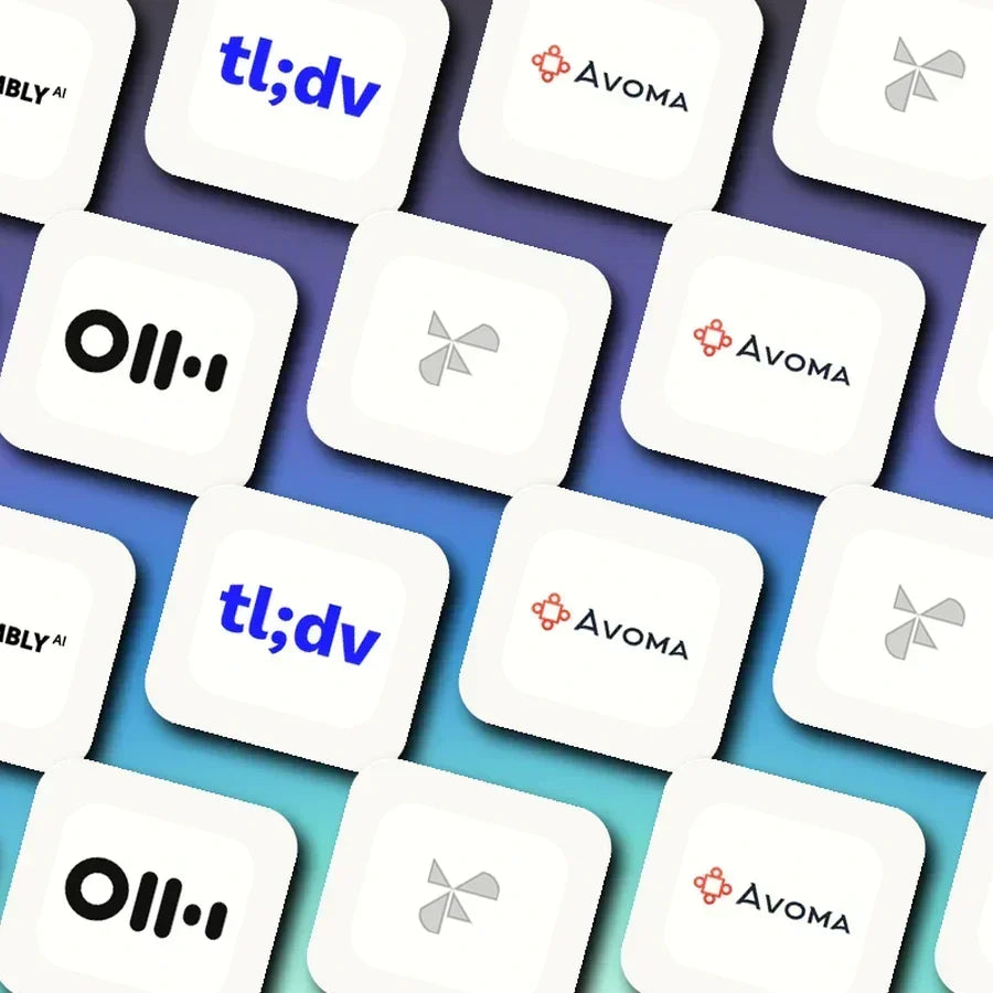 Logo mosaic featuring Fathom, Otter.ai, Fireflies.ai, Avoma, tl;dv, and Sembly AI.