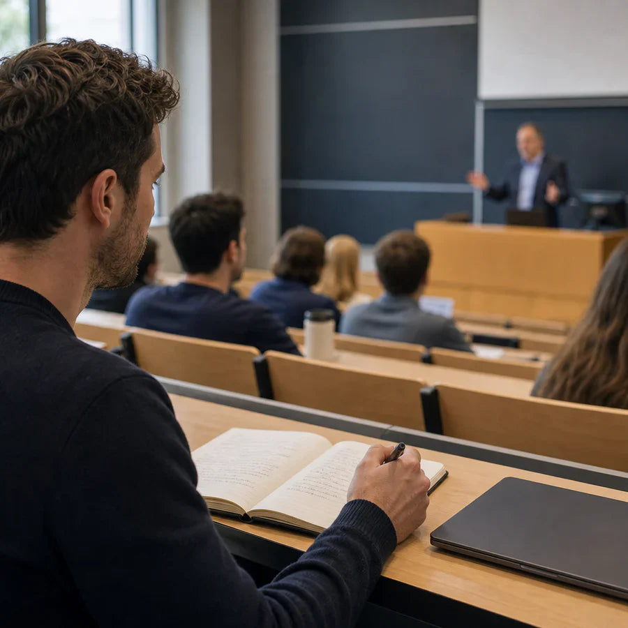 Plaud NotePin S clipped to a student's collar while recording a lecture