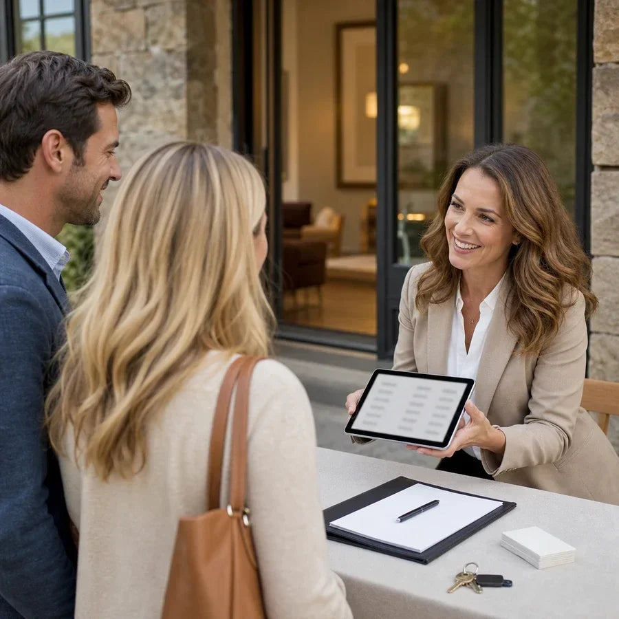 Real estate agent greeting a couple with a tablet at the front desk