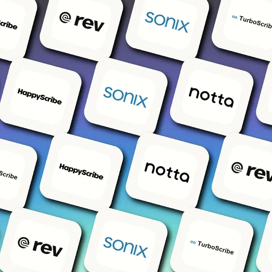 Logo mosaic featuring TurboScribe, HappyScribe, Notta, Rev, and Sonix.