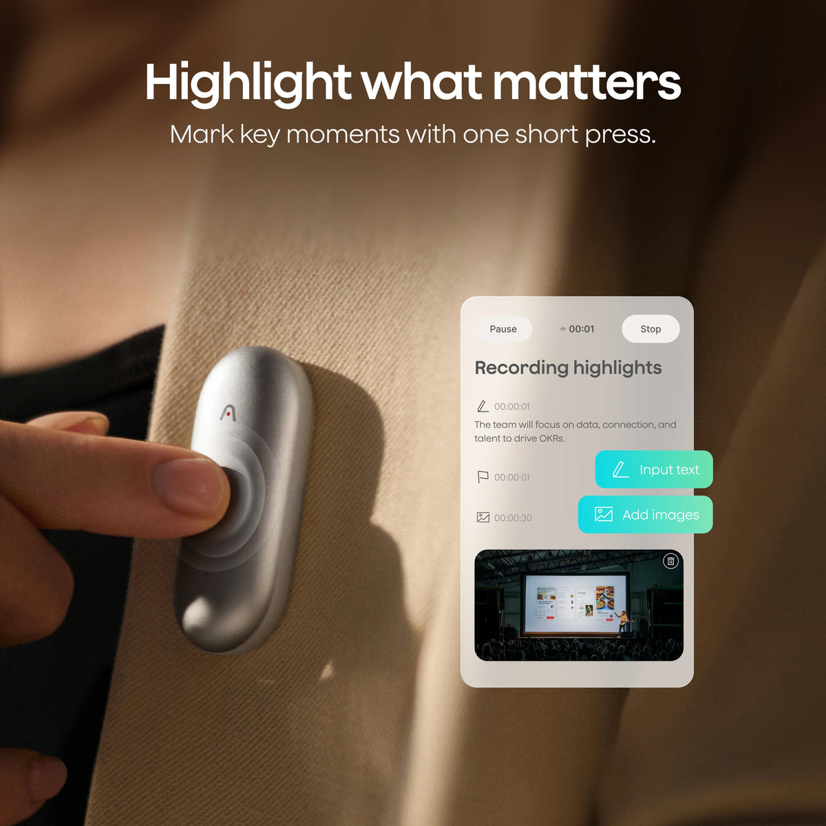 A finger presses the button on a silver Plaud NotePin S to mark key moments, as shown on the accompanying Plaud App interface.
