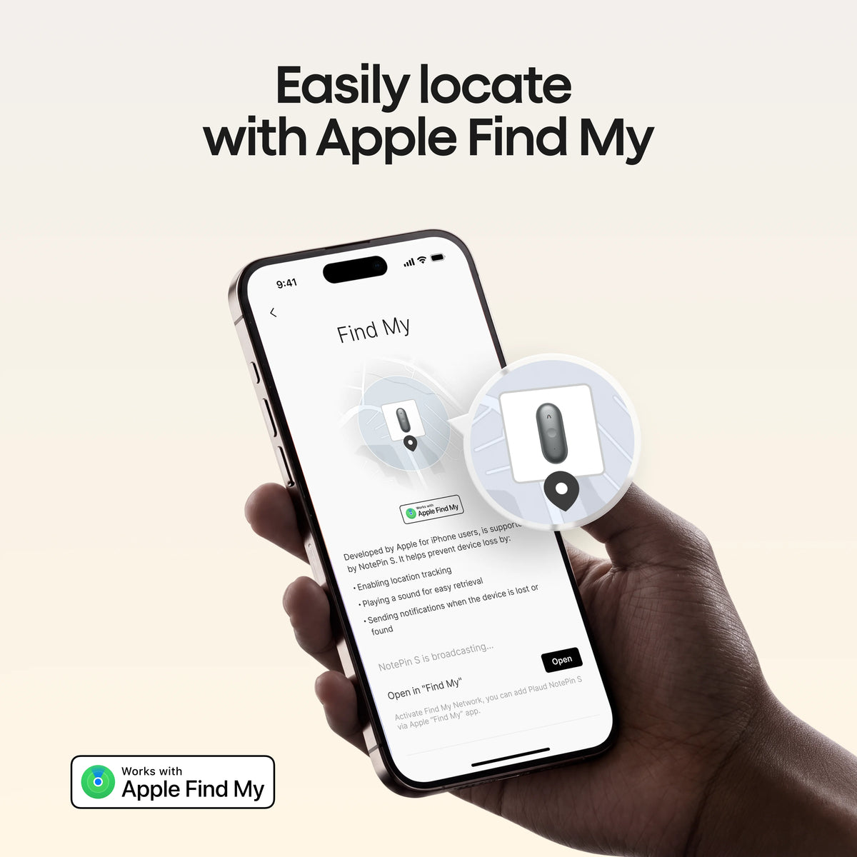 A hand holds a smartphone displaying the Apple Find My app interface to locate a Plaud NotePin S wearable AI recorder.