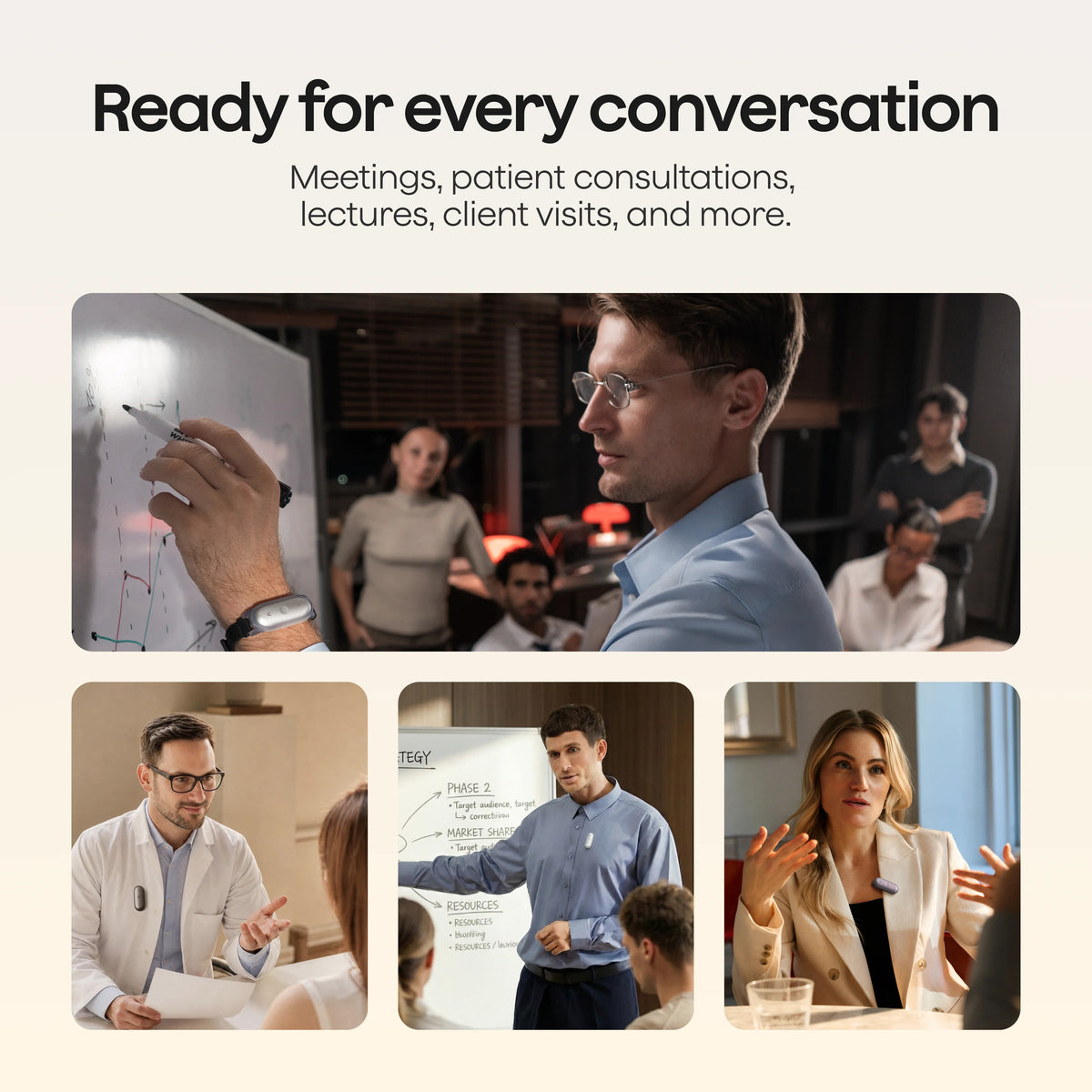 Professionals use silver, black, and purple Plaud wearable AI recorders, ready for every conversation from meetings to consultations.