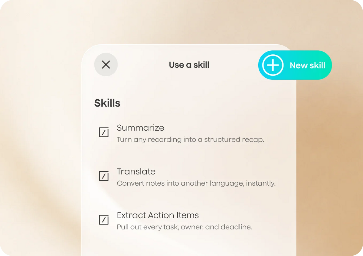 A skills panel listing summary skills, with a toast confirming a new skill was added