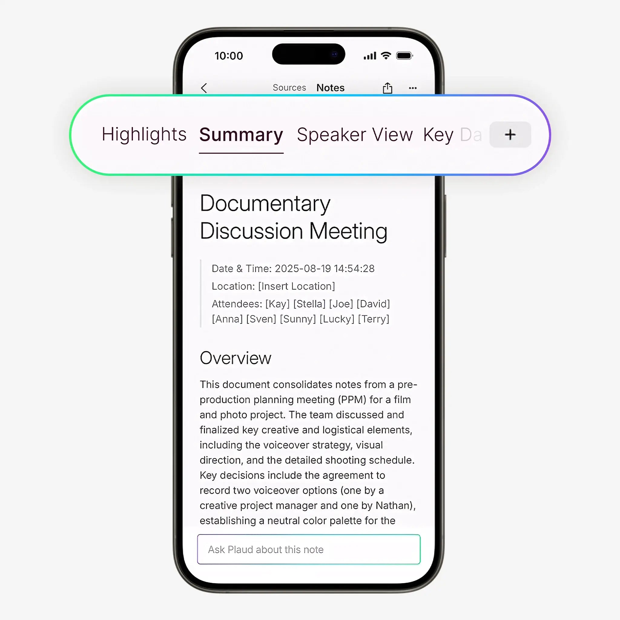 A screenshot of a meeting summary generated by Plaud AI, the best AI recorder for Google Meet meetings