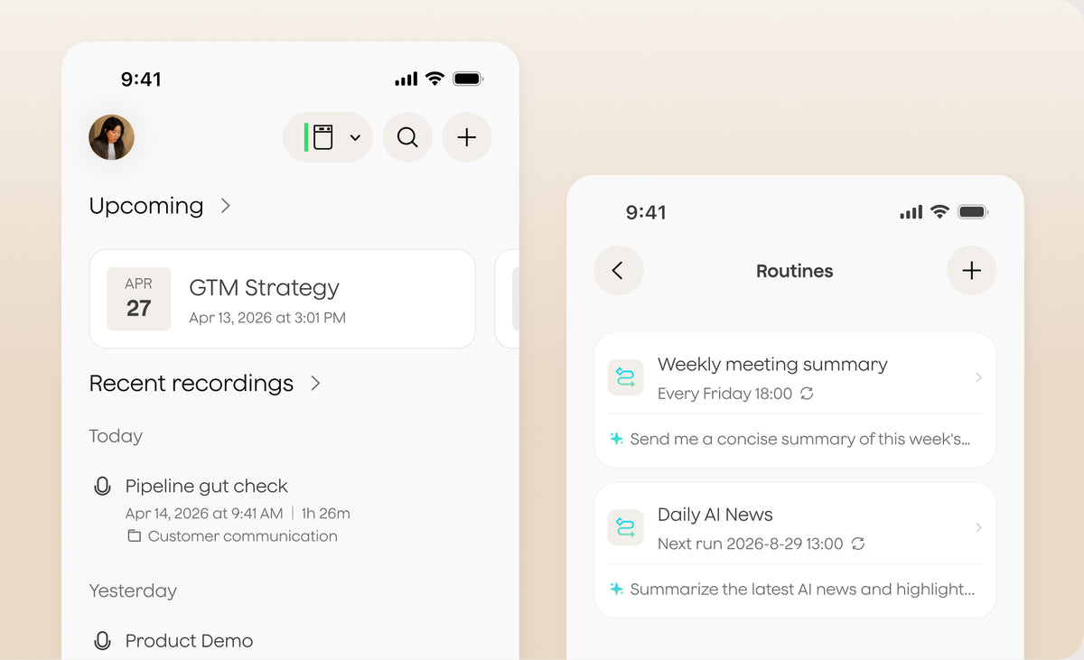 The Plaud mobile app showing upcoming meetings, recent recordings, and a routines list