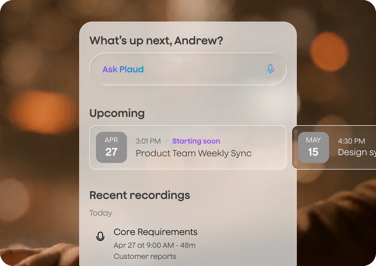 A workspace view combining upcoming meetings, calendar events, and recent recordings